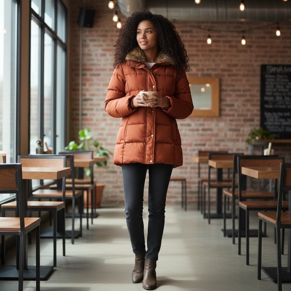 Lands End Down Puffer Coat Womens Medium Burnt Orange Faux Fur Trim Parka Jacket